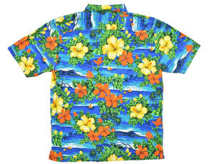 Squish Wear Men's Large Blue Hawaiian Shirt Hibiscus Tropical Floral Cotton Butt